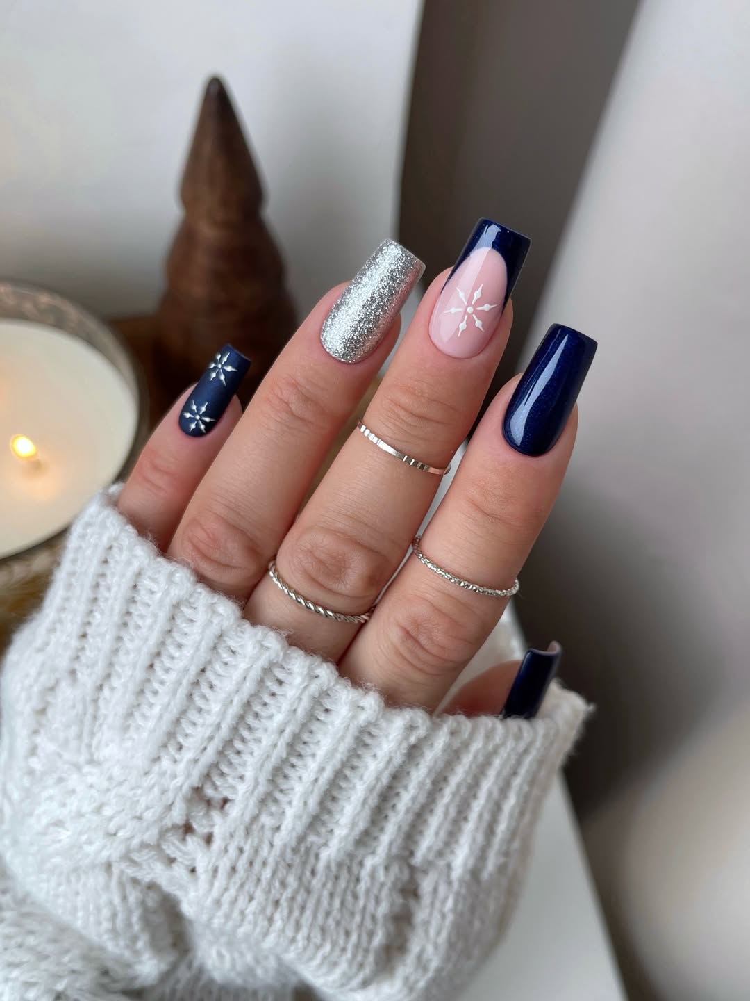 Navy French Tip Snowflake Glam Nails