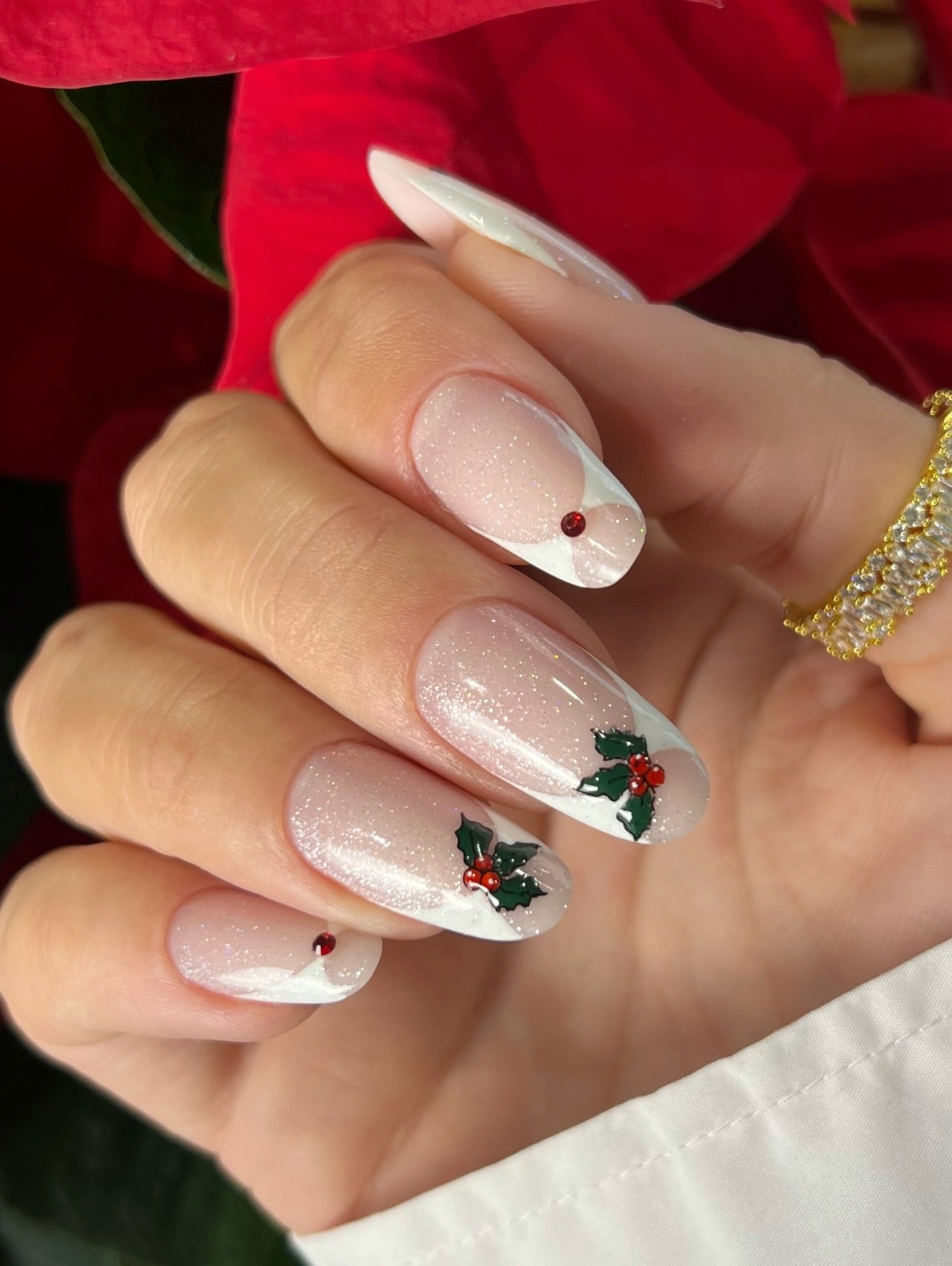 Sparkling Holly French Tip Christmas Almond Nails