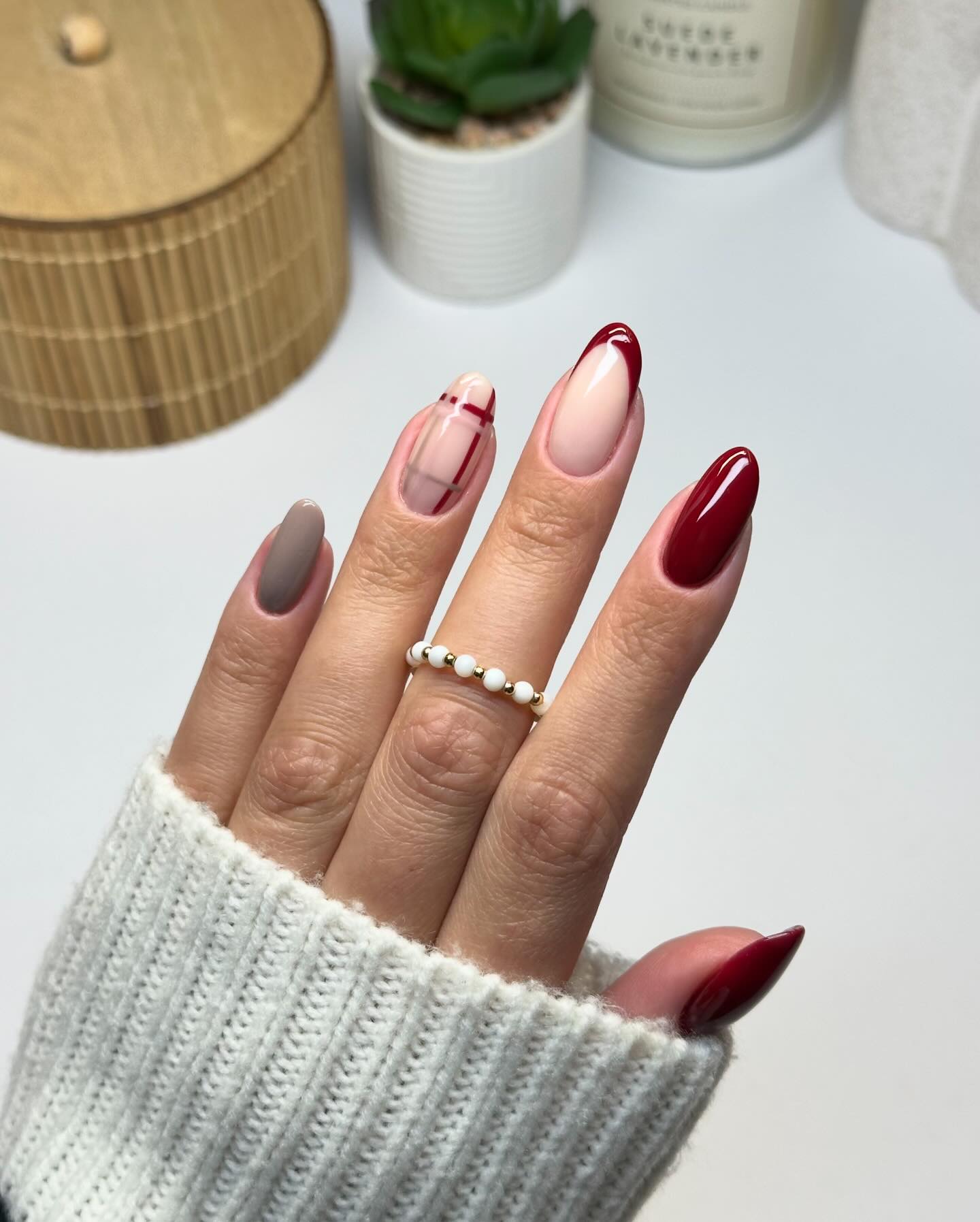 Elegant Burgundy Plaid French Tip Almond Nails