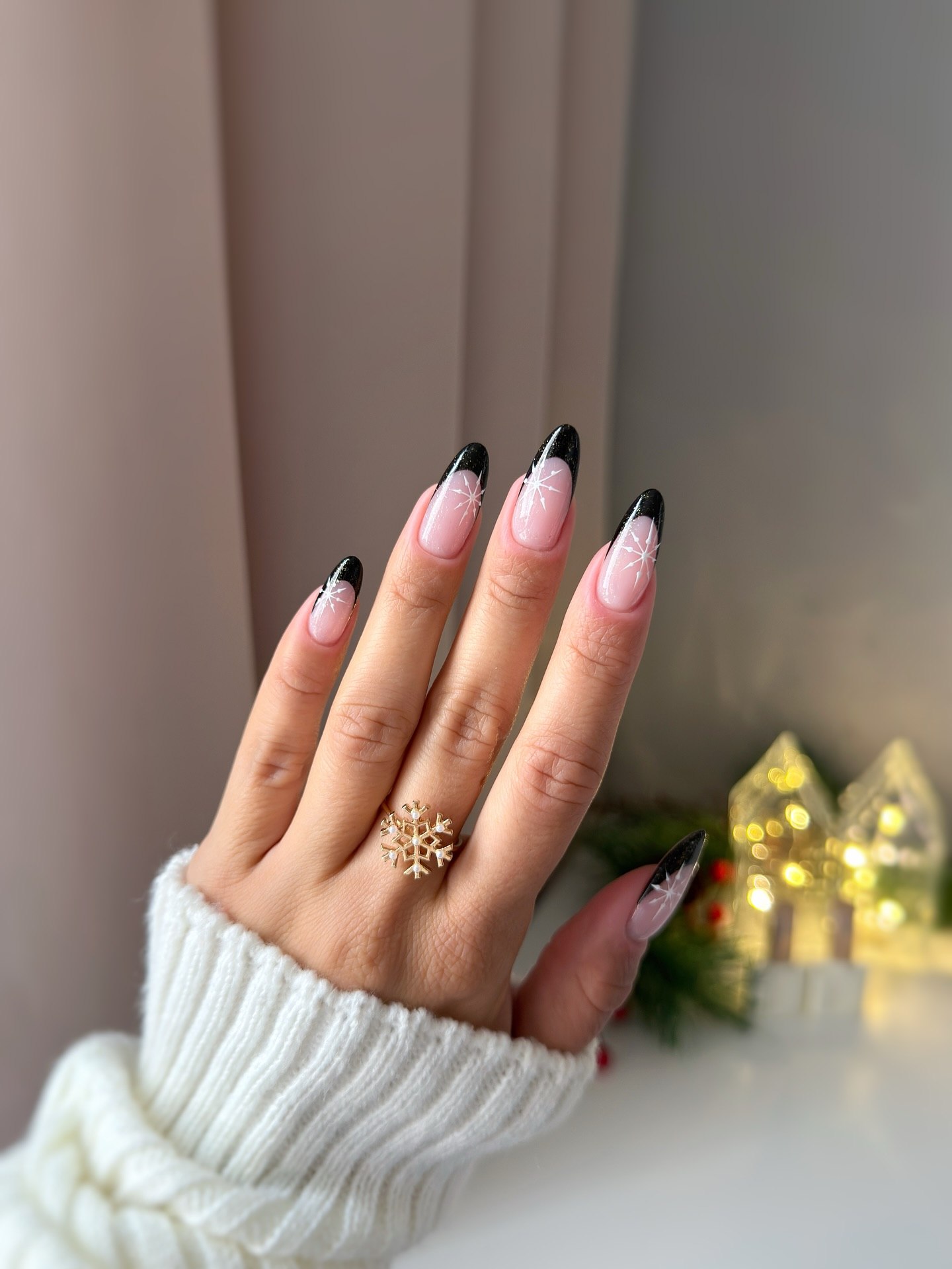Black French Tip Snowflake Almond Nails