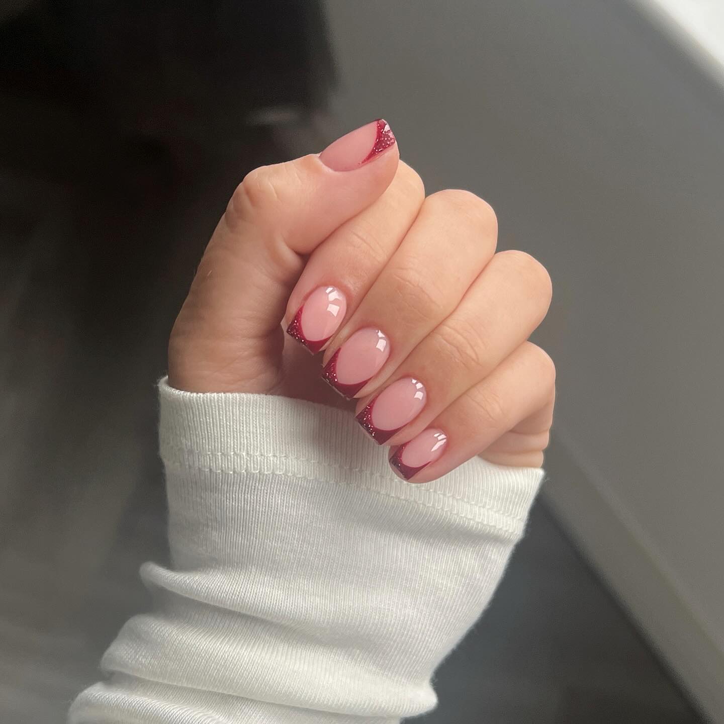 Sparkling Burgundy Glitter French Tips