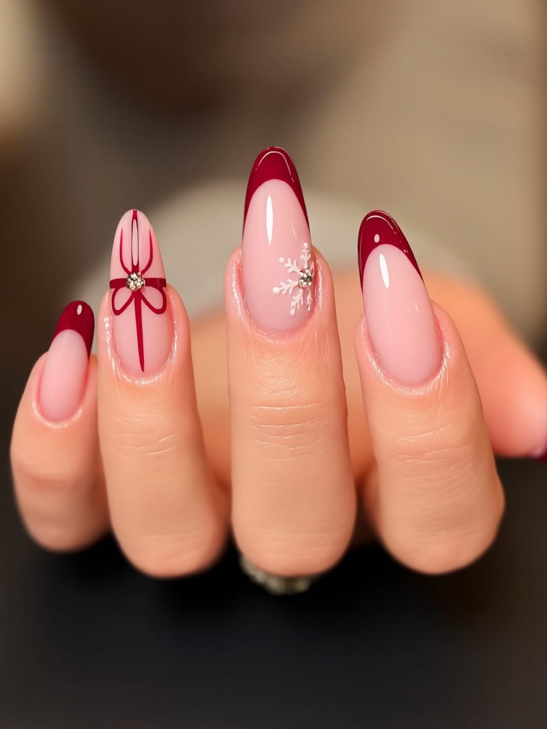 Deep Red French Tip Bow & Snowflake Nails