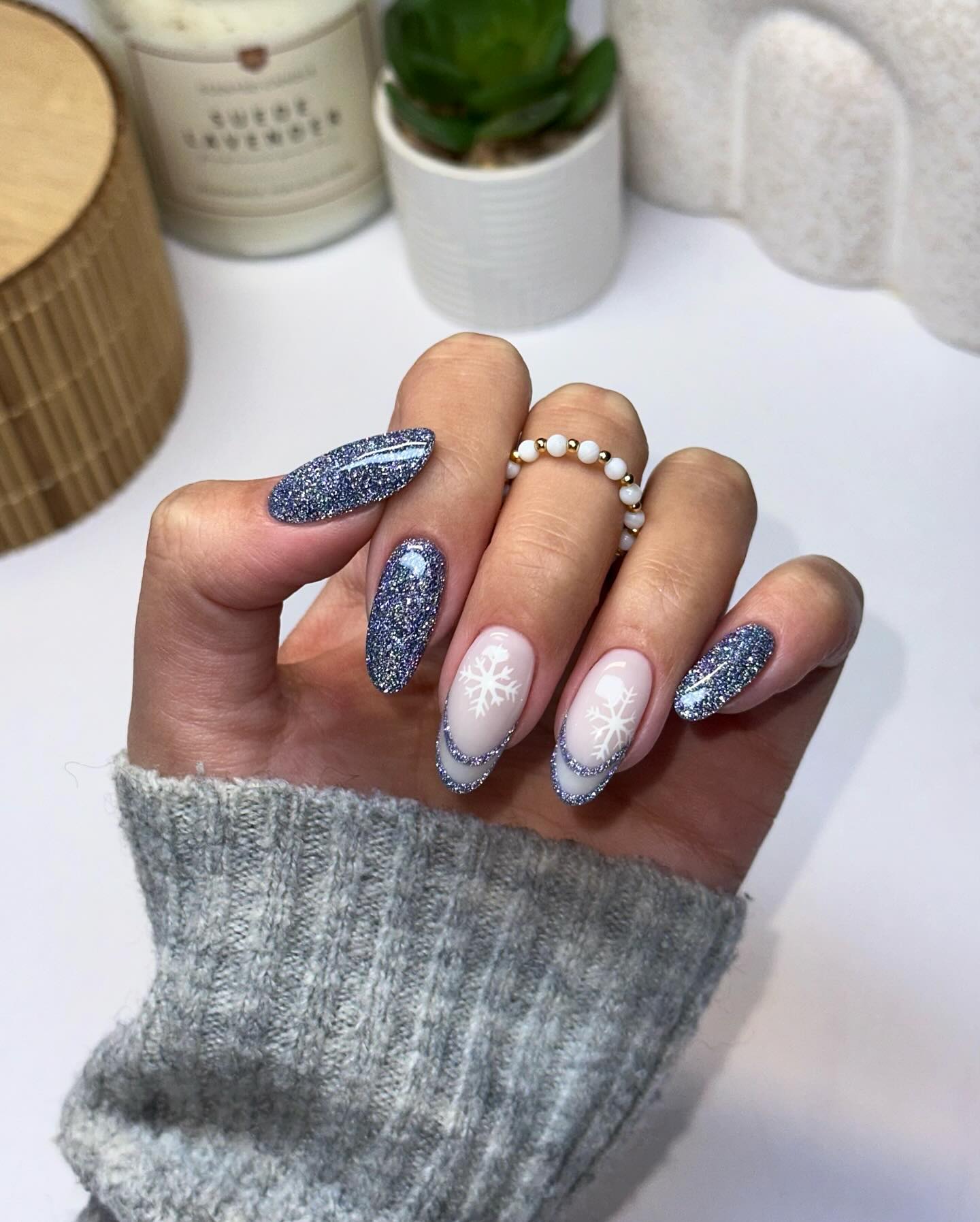Glitter French Tip Snowflake Almond Nails