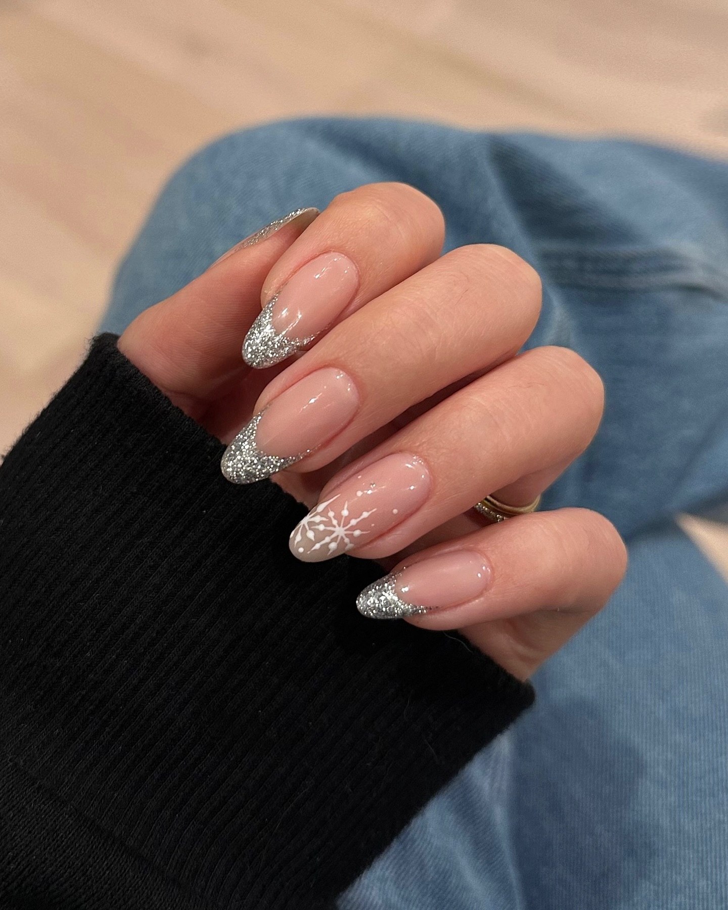 Sparkling Silver French Tip Snowflake Nails