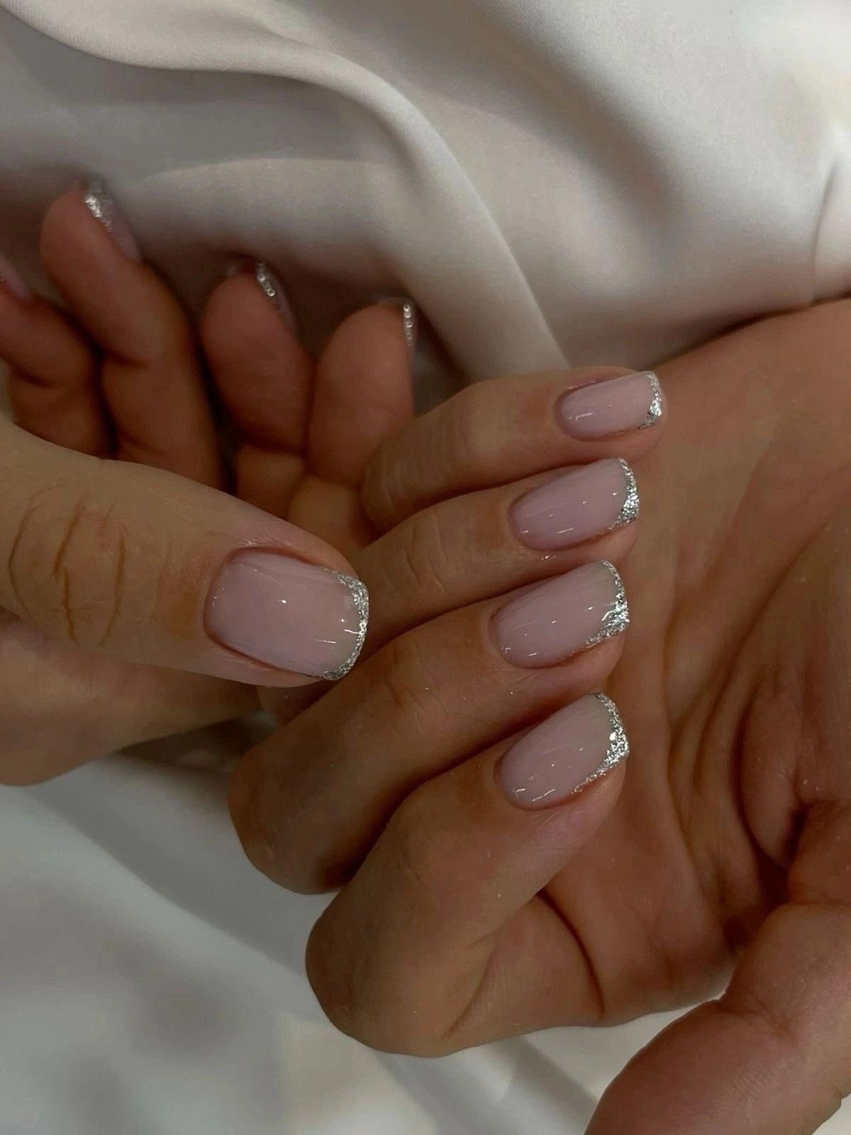 Nude French with Silver Glitter Tips