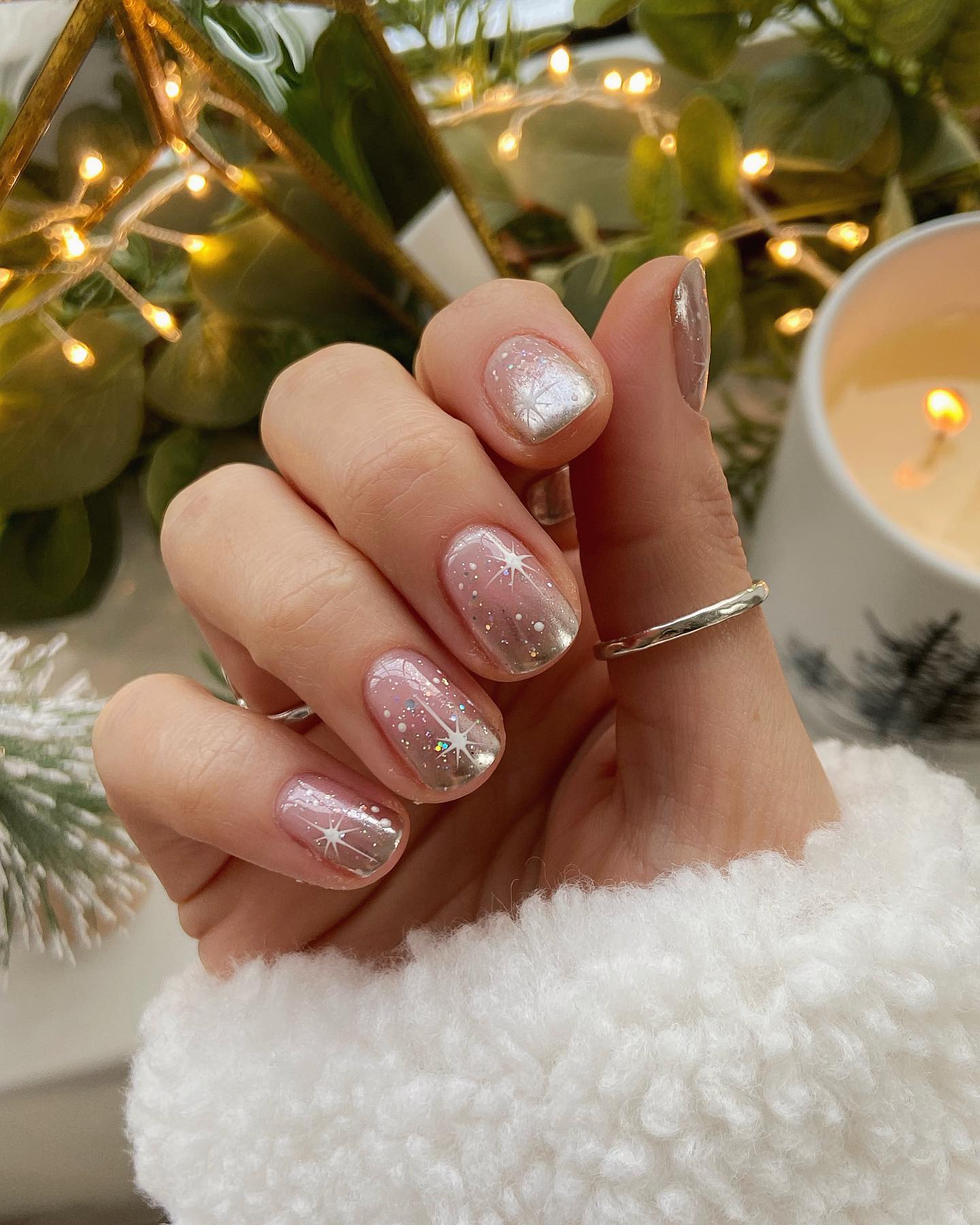 Sparkling Silver Starburst French Tip Nails