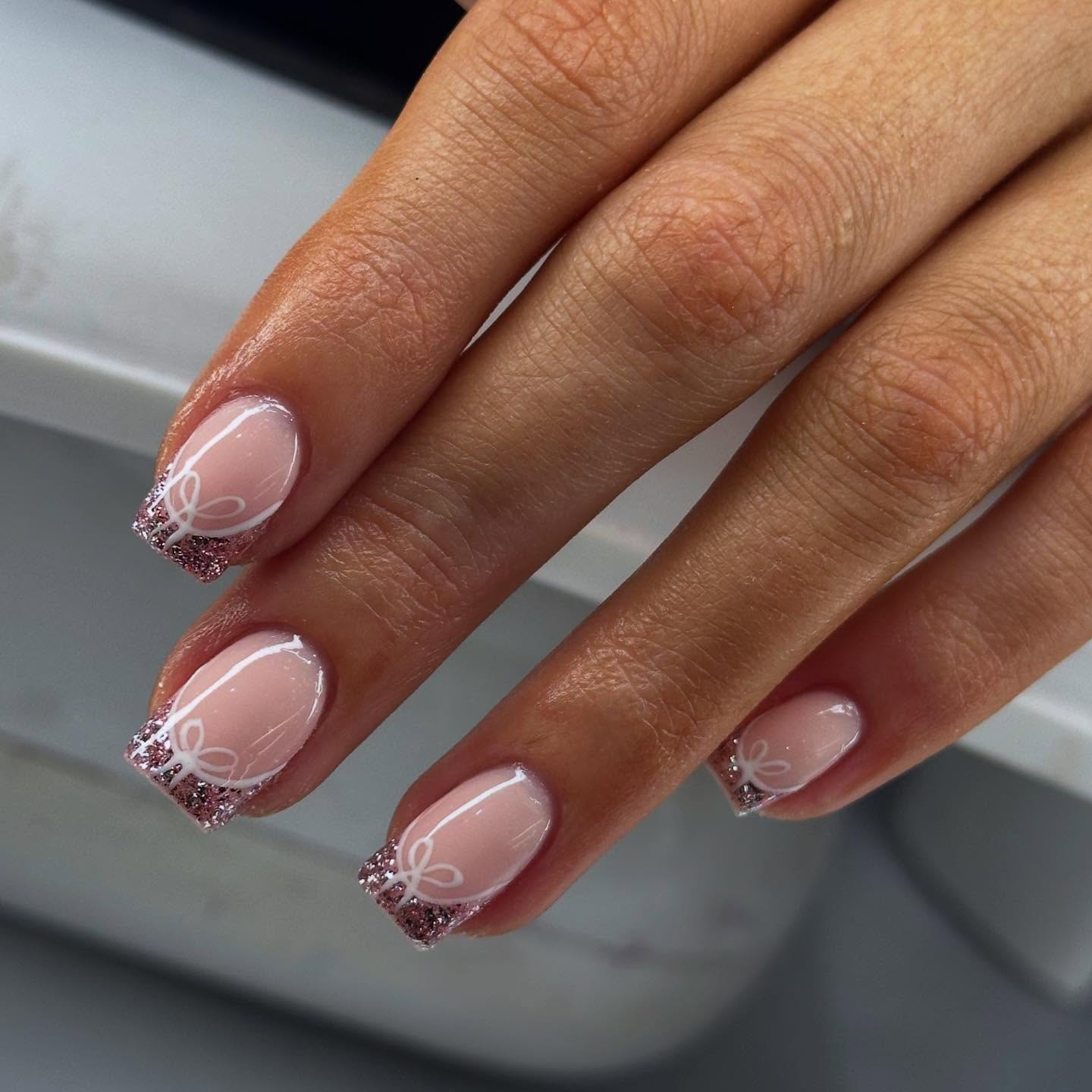 Pink French Bow Glitter Short Nails