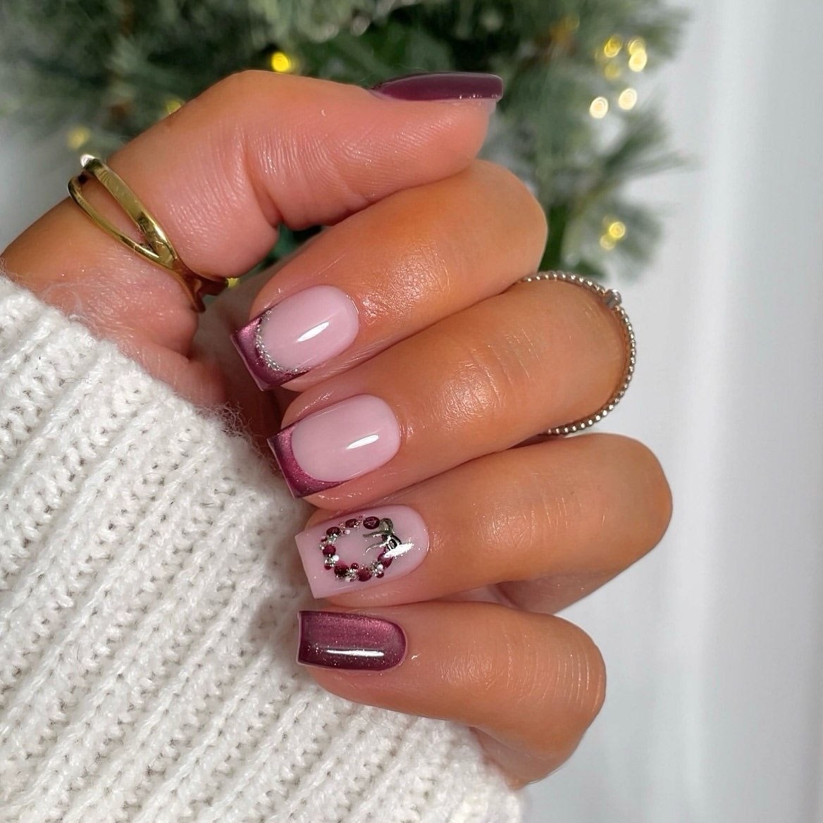 Sparkling Cranberry French Tip Christmas Nails