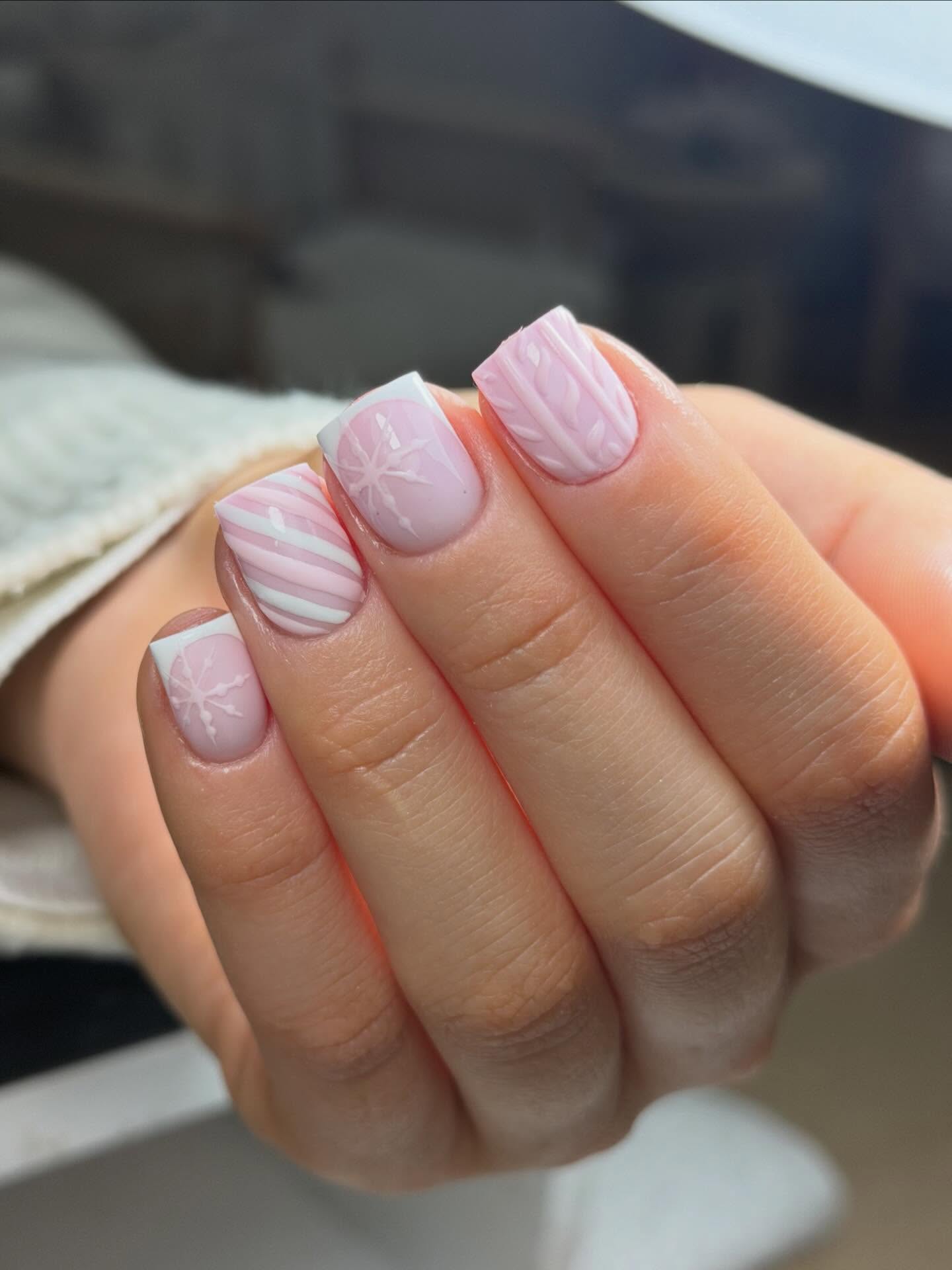 Pink Cable Knit French Tip Christmas Nails