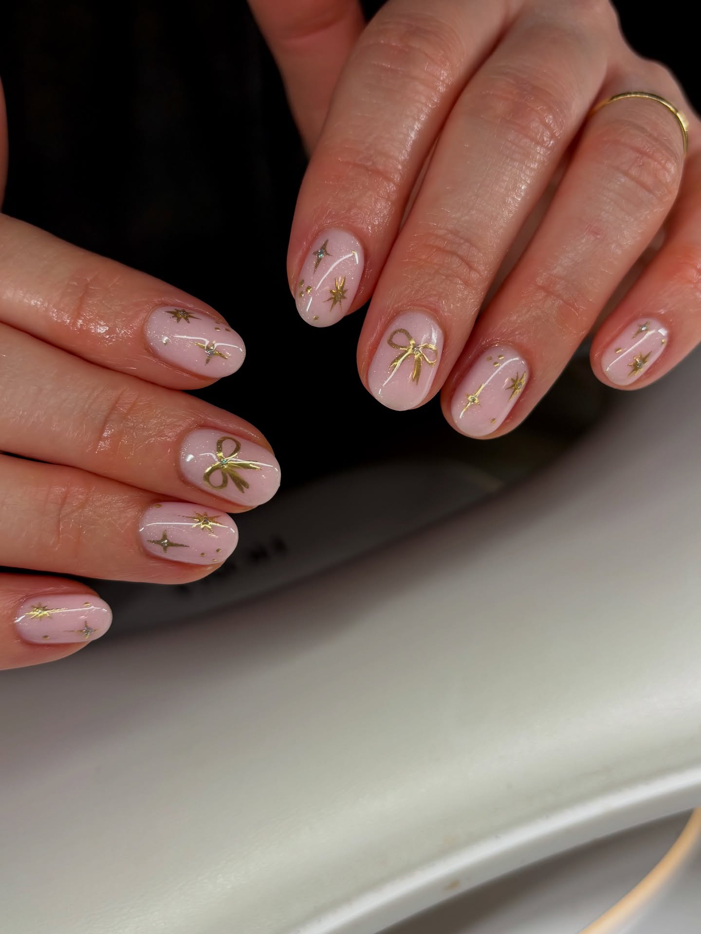 Soft Pink Milky Nails with Gold Celestial Accents