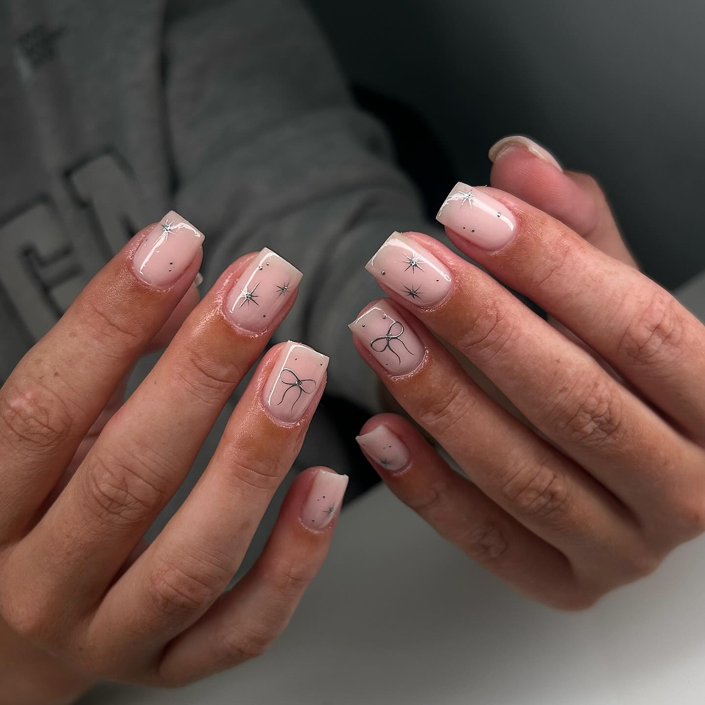 Sheer Pink Square Nails with Celestial Bow Art