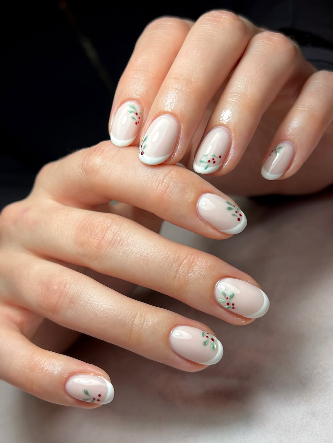 French Tip Holly Berry Christmas Nails