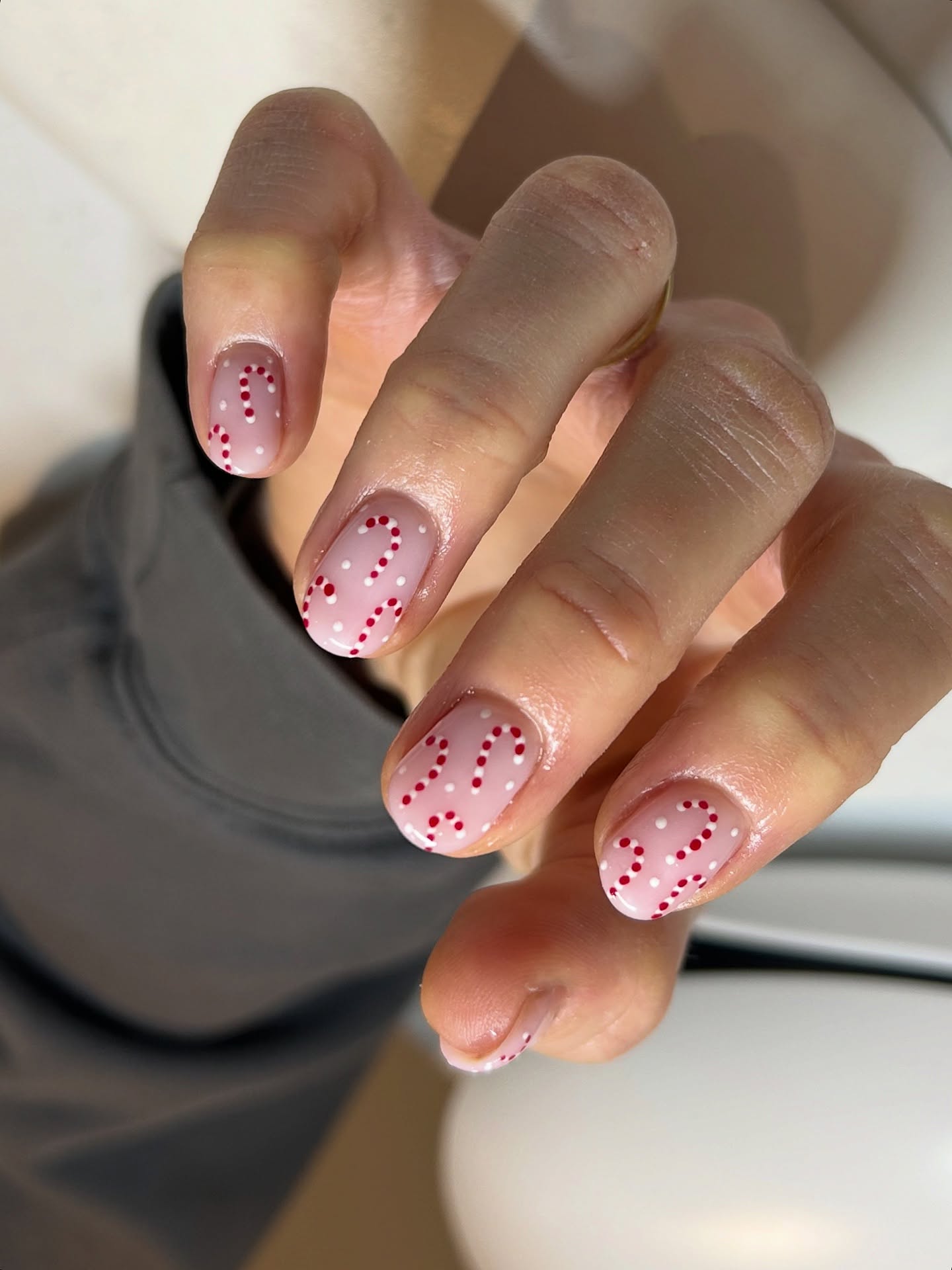 Pink Candy Cane Dot Short Oval Nails