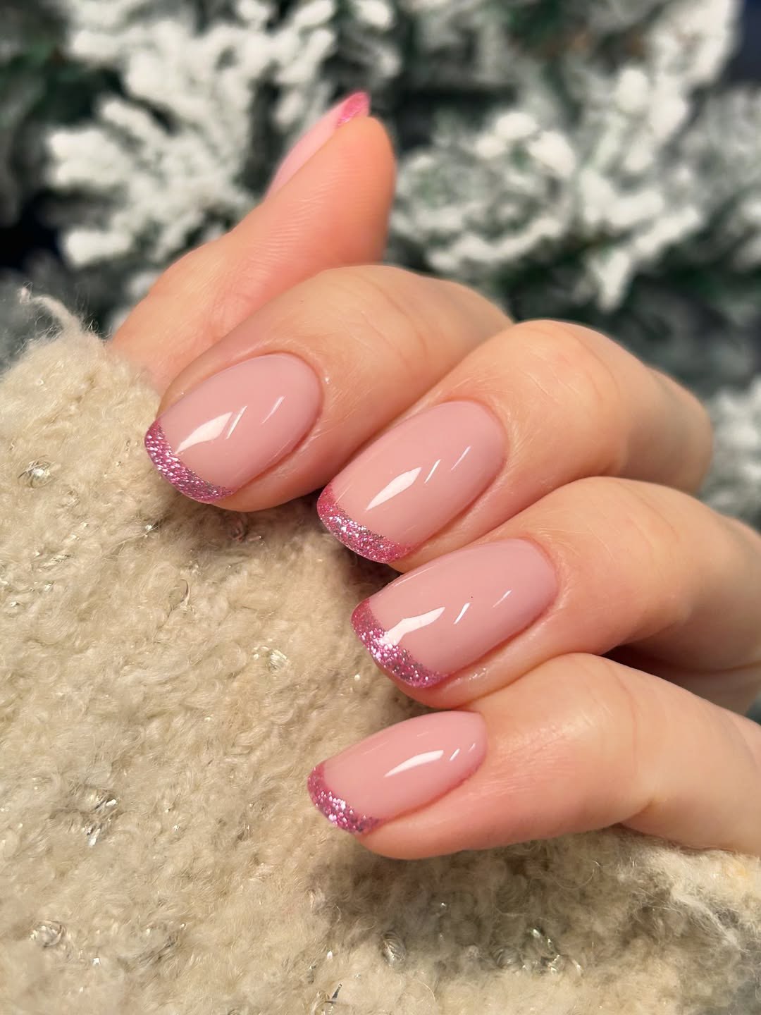 Pink Glitter French Tips Short Oval Nails