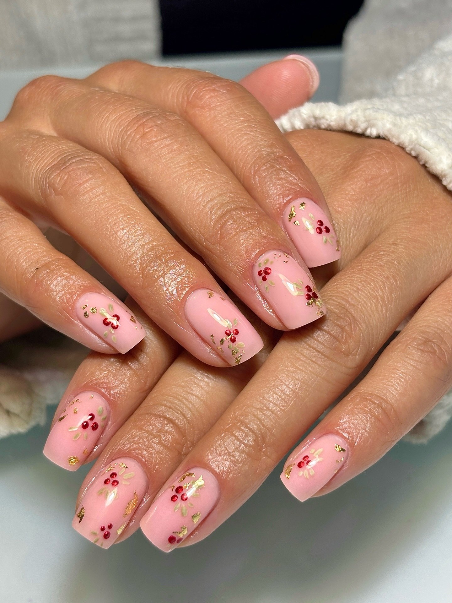 Soft Pink Holly Berry Christmas Nails
