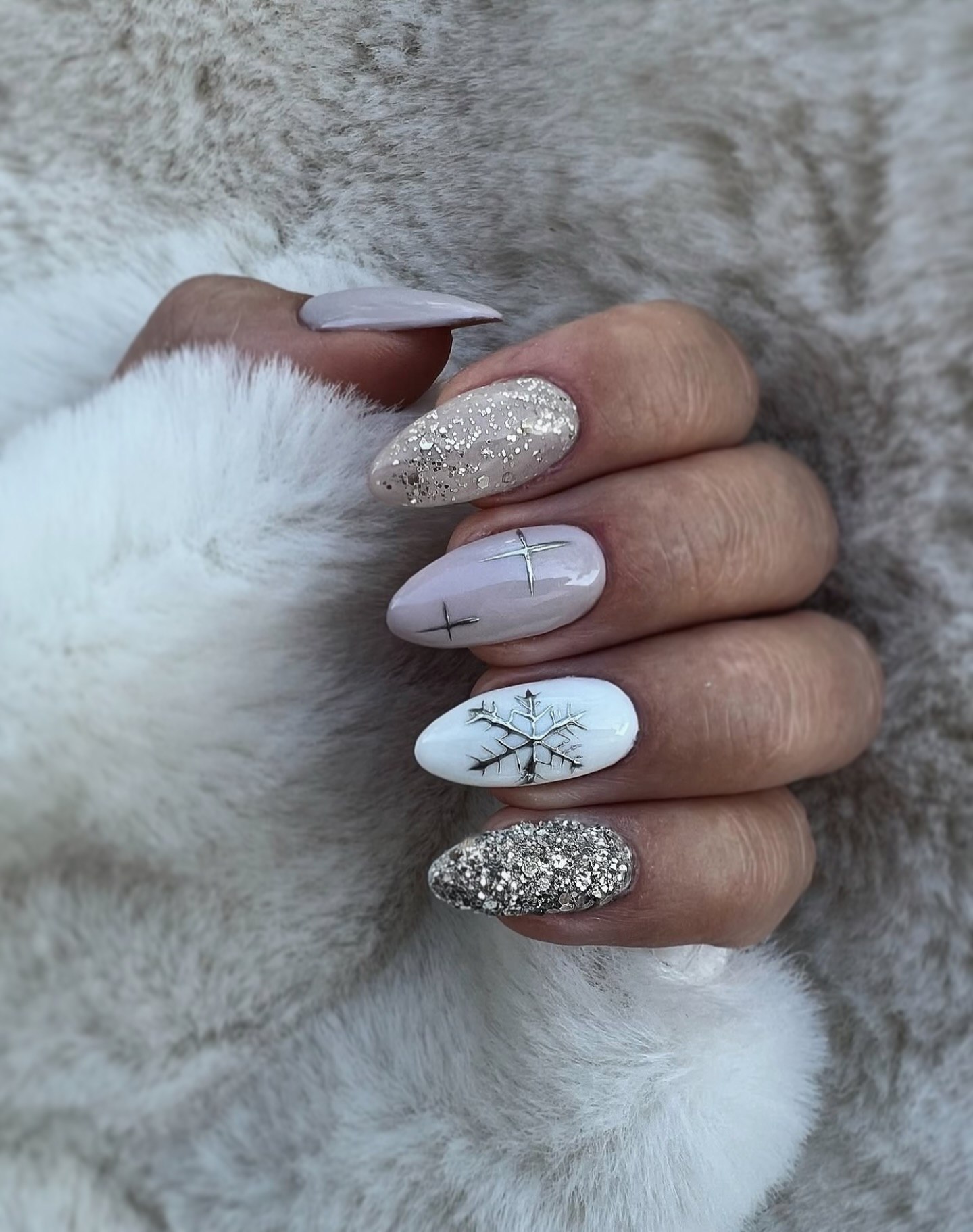 Sparkling Snowflake Almond Winter Nails