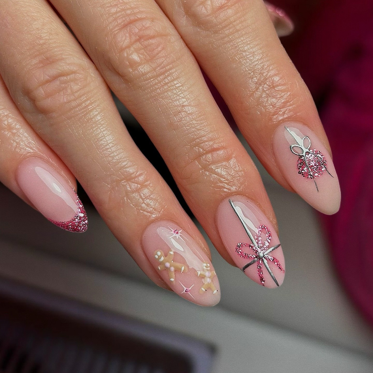 Cozy Gingerbread and Bow Almond Nails