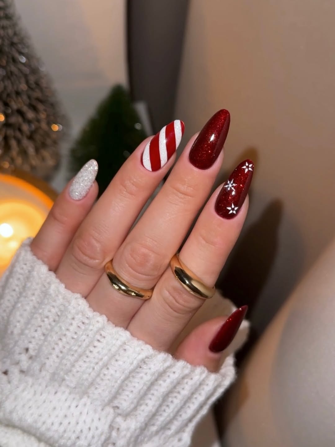 Festive Red and White Almond Holiday Nails