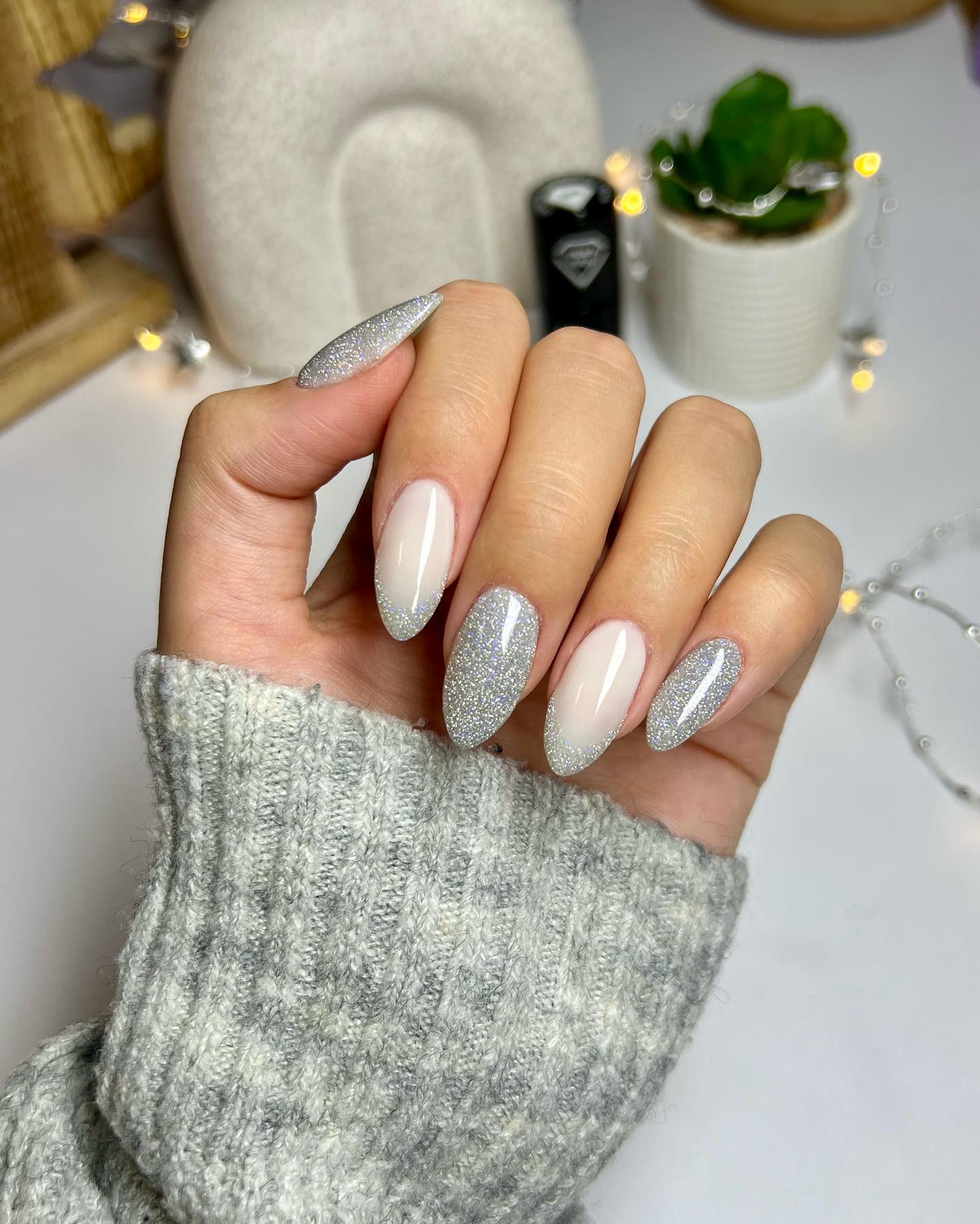 Sparkling Silver Glitter Almond French Tips