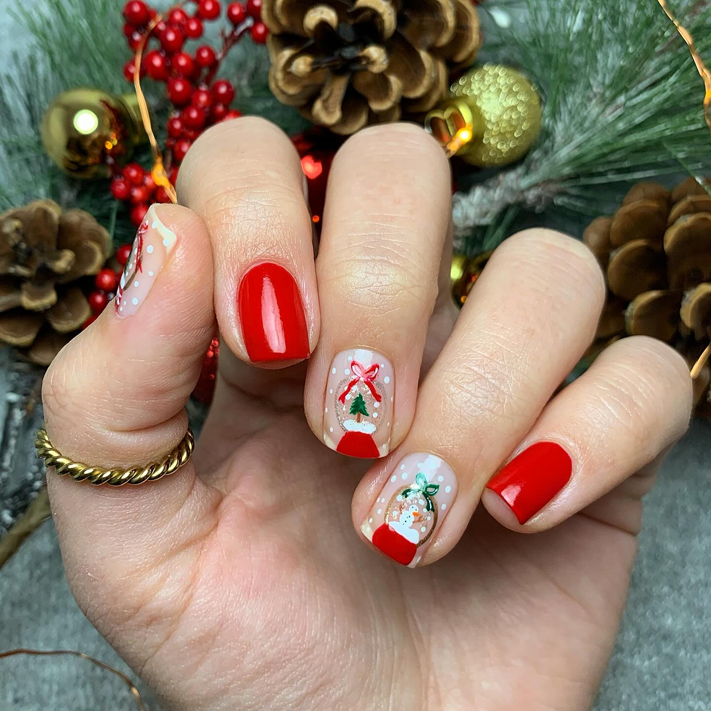 Festive Red Snow Globe Christmas Nail Art