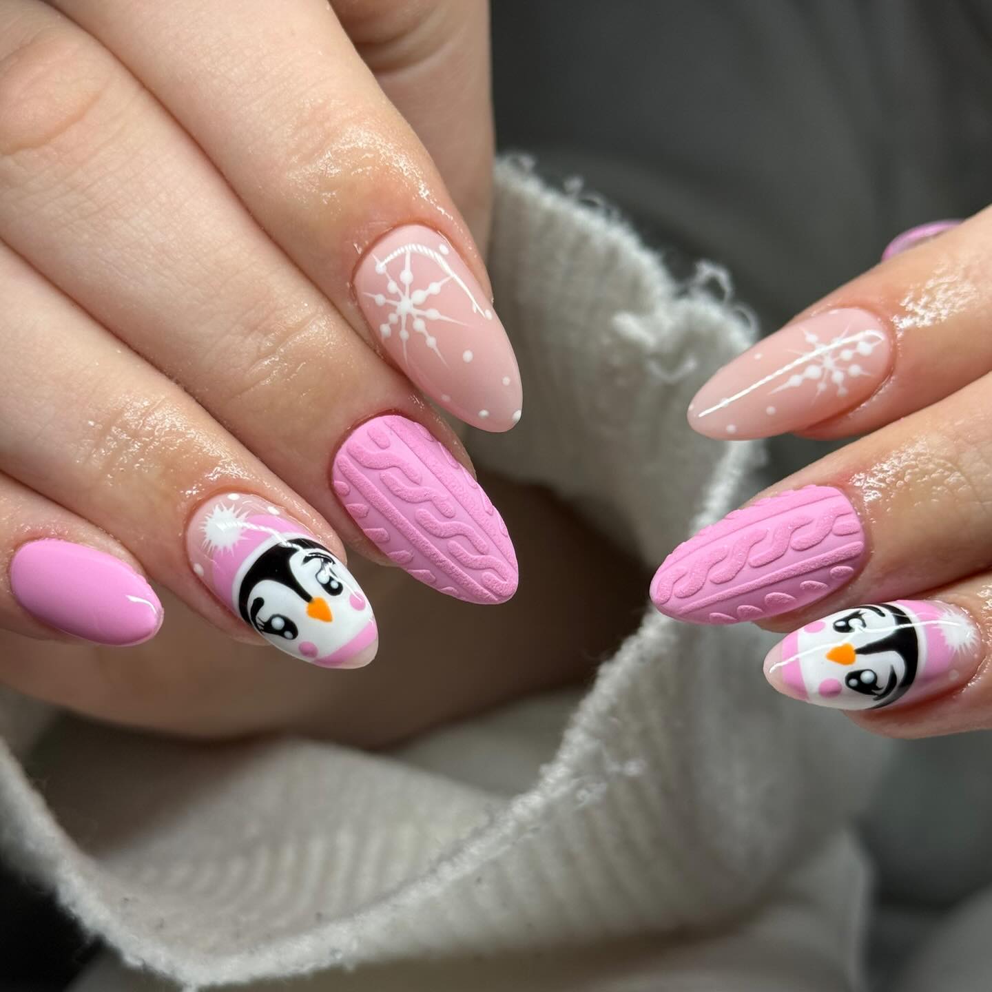 Pink Penguin Cable Knit Winter Almond Nails