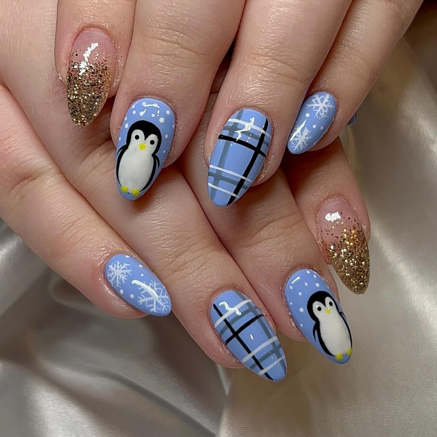 Playful Penguin Winter Plaid Sparkle Nails