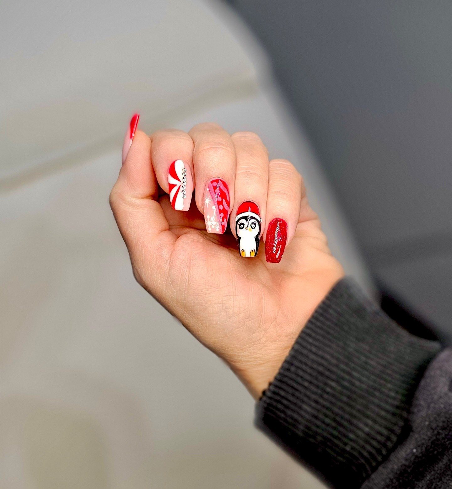 Penguin Winter Candy Cane French Tip Nails