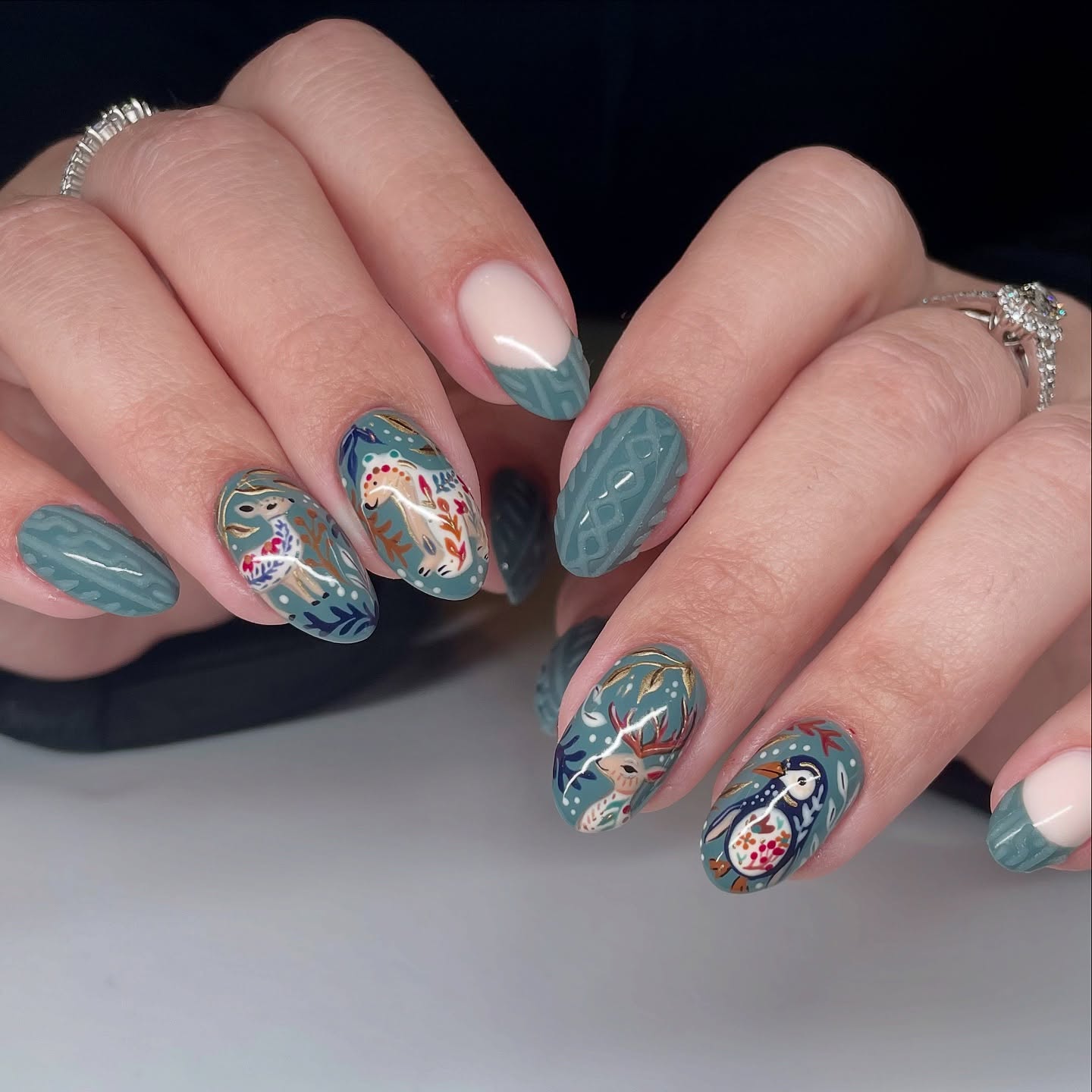 Winter Forest Penguin and Reindeer French Tips
