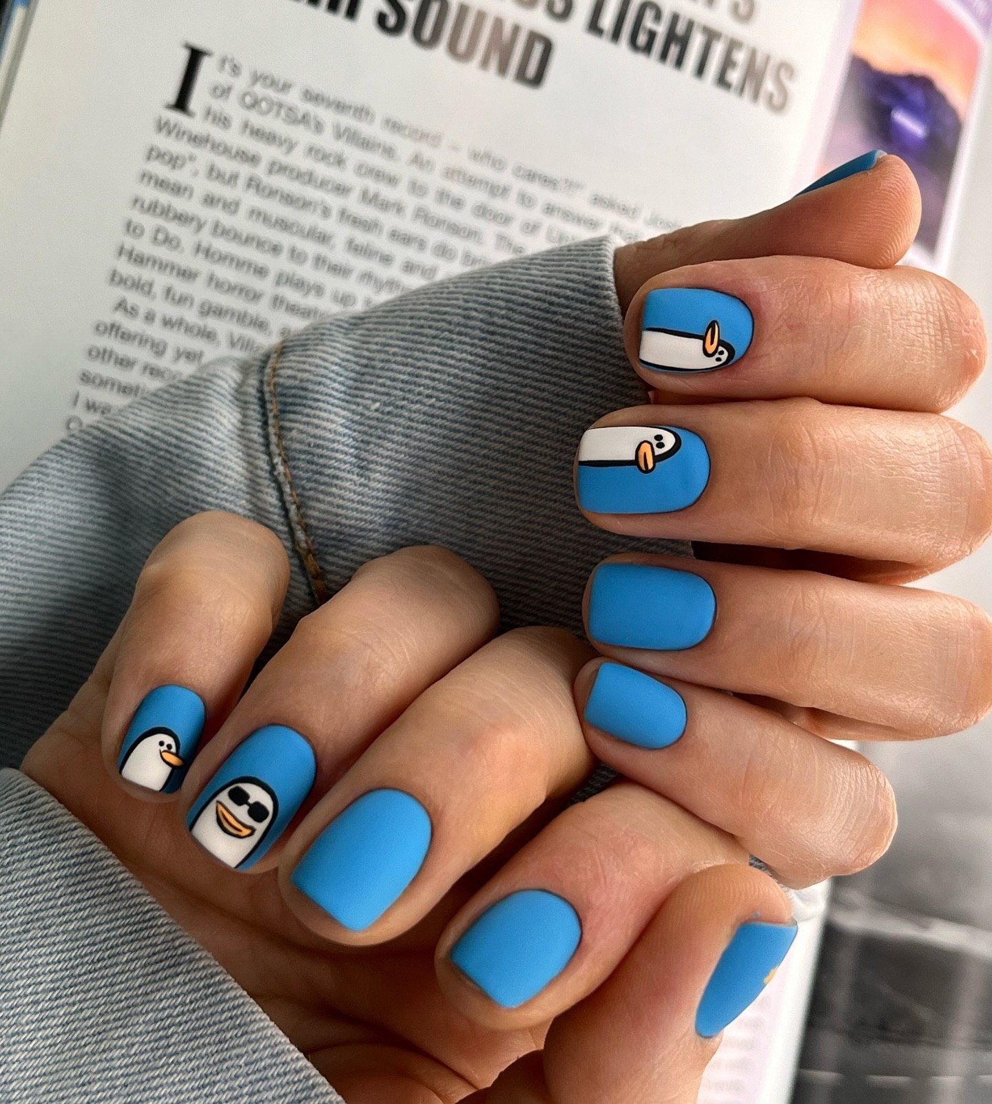 Matte Blue Penguin Cartoon Nail Art