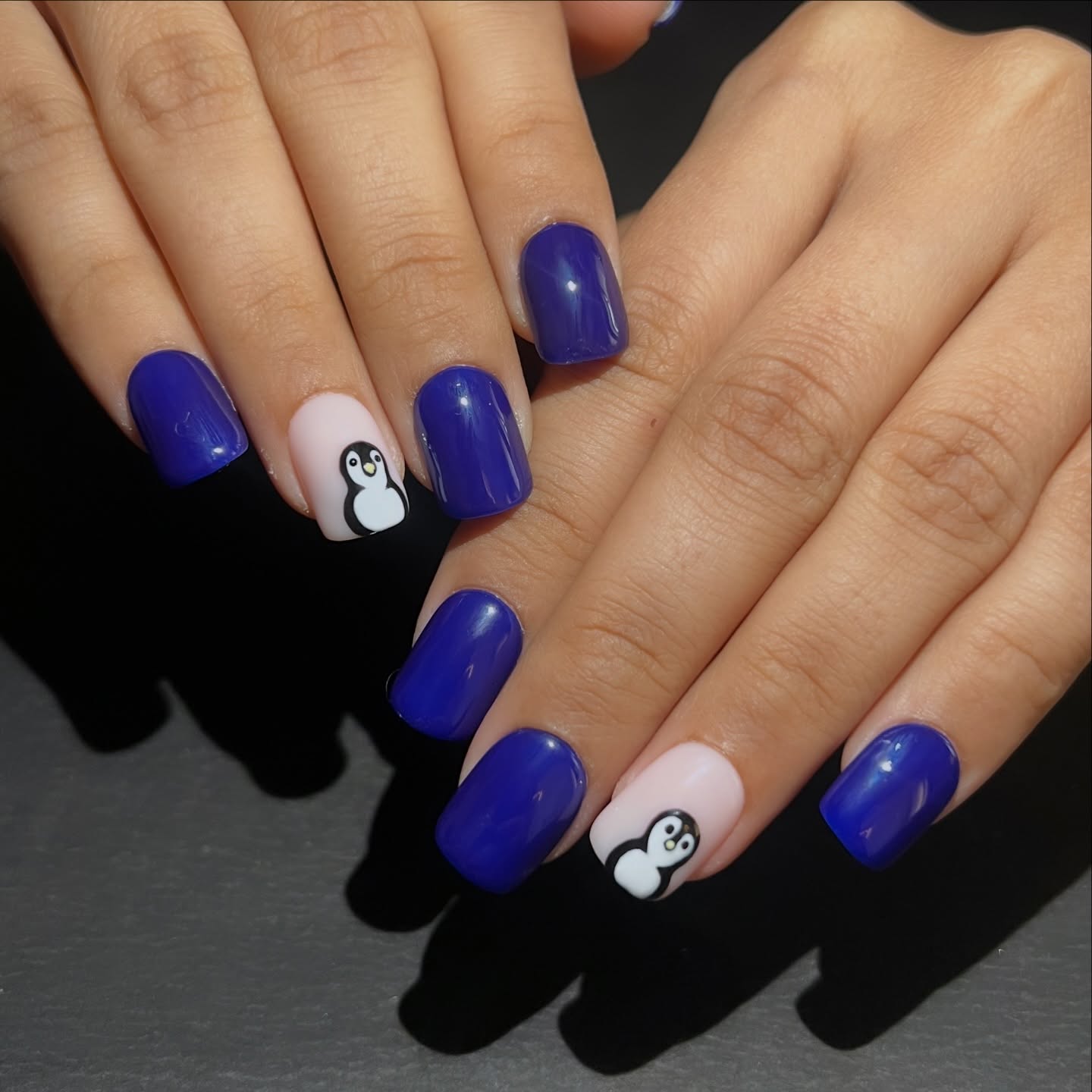 Royal Blue Penguin Winter Square Nails