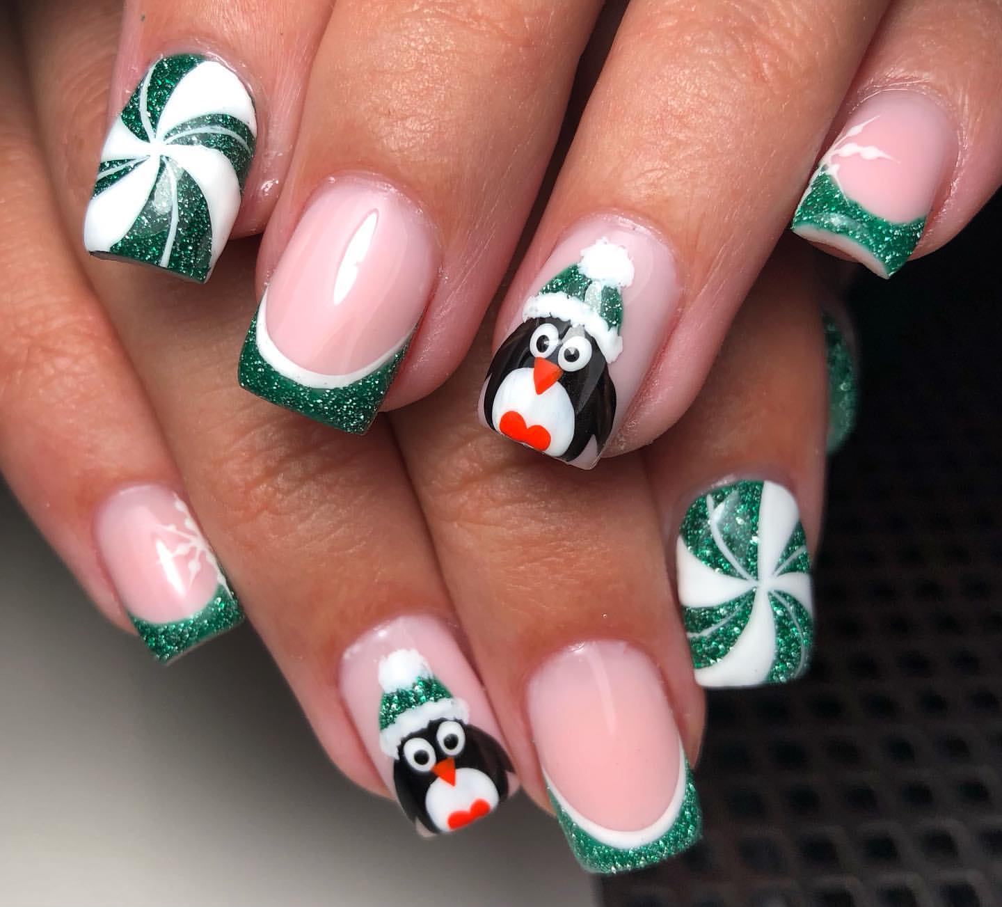 Adorable Penguin Peppermint French Tip Nails
