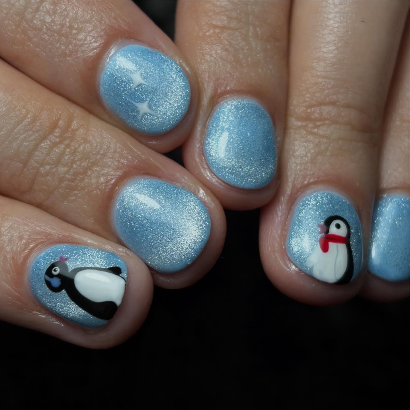 Winter Penguin Sparkle Short Square Nails