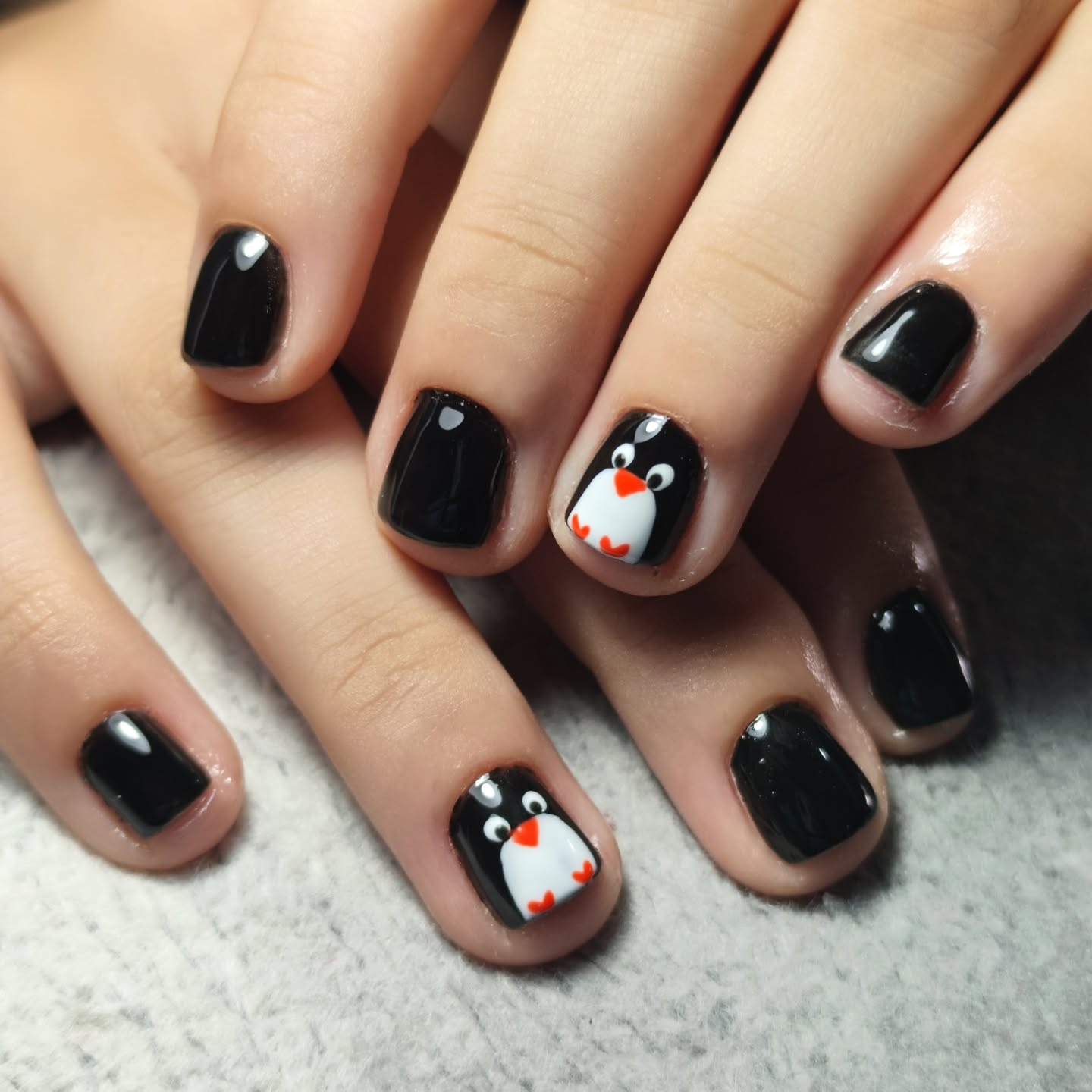 Adorable Penguin Black Glossy Nails