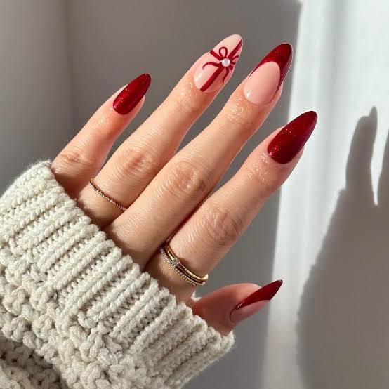 Nude Medium Almond Red French Tip Nails — Christmas Nail Designs