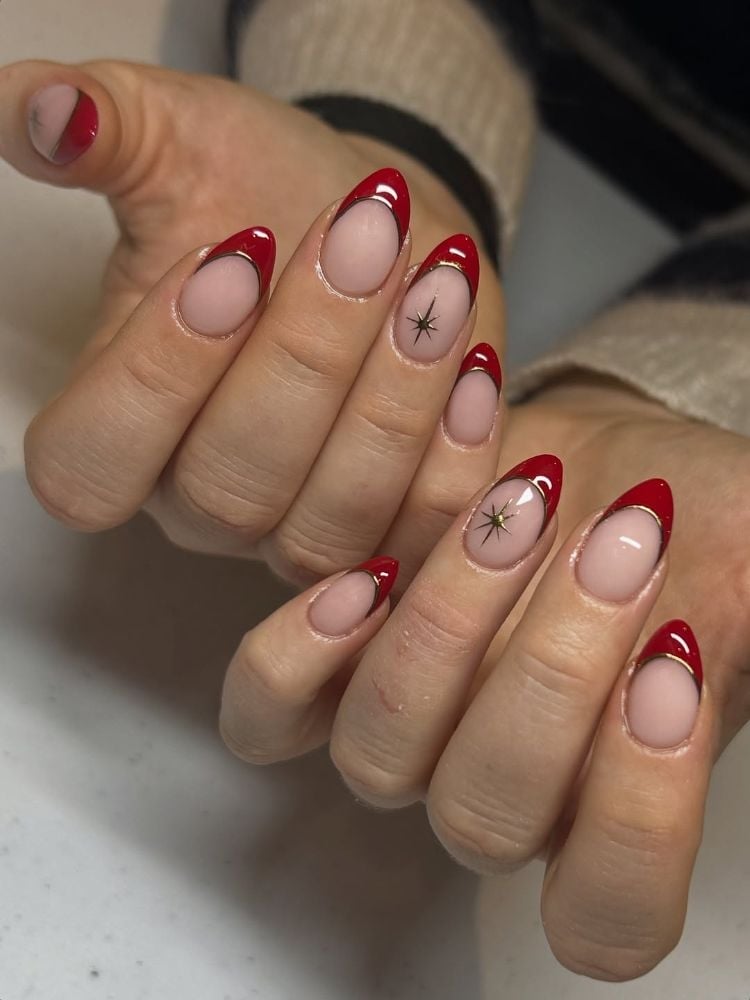 Red Metallic Gold Outline French Tip Nails — Christmas Nail Designs