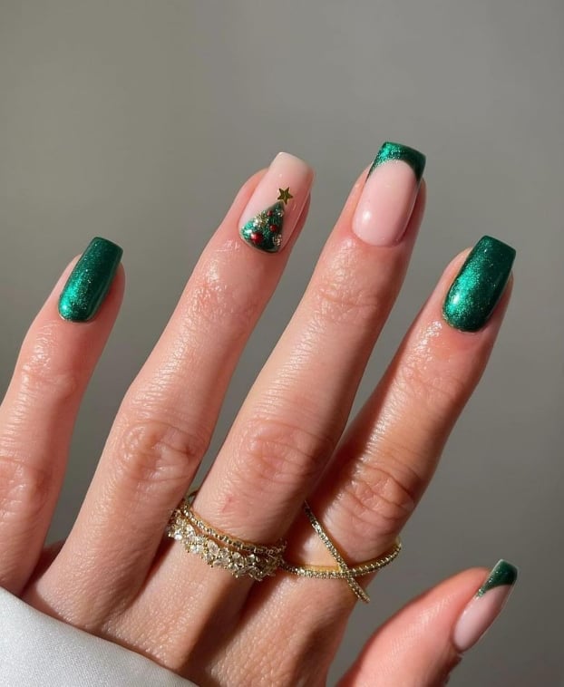 Metallic Green Square Christmas Tree Nails — Christmas Nail Designs