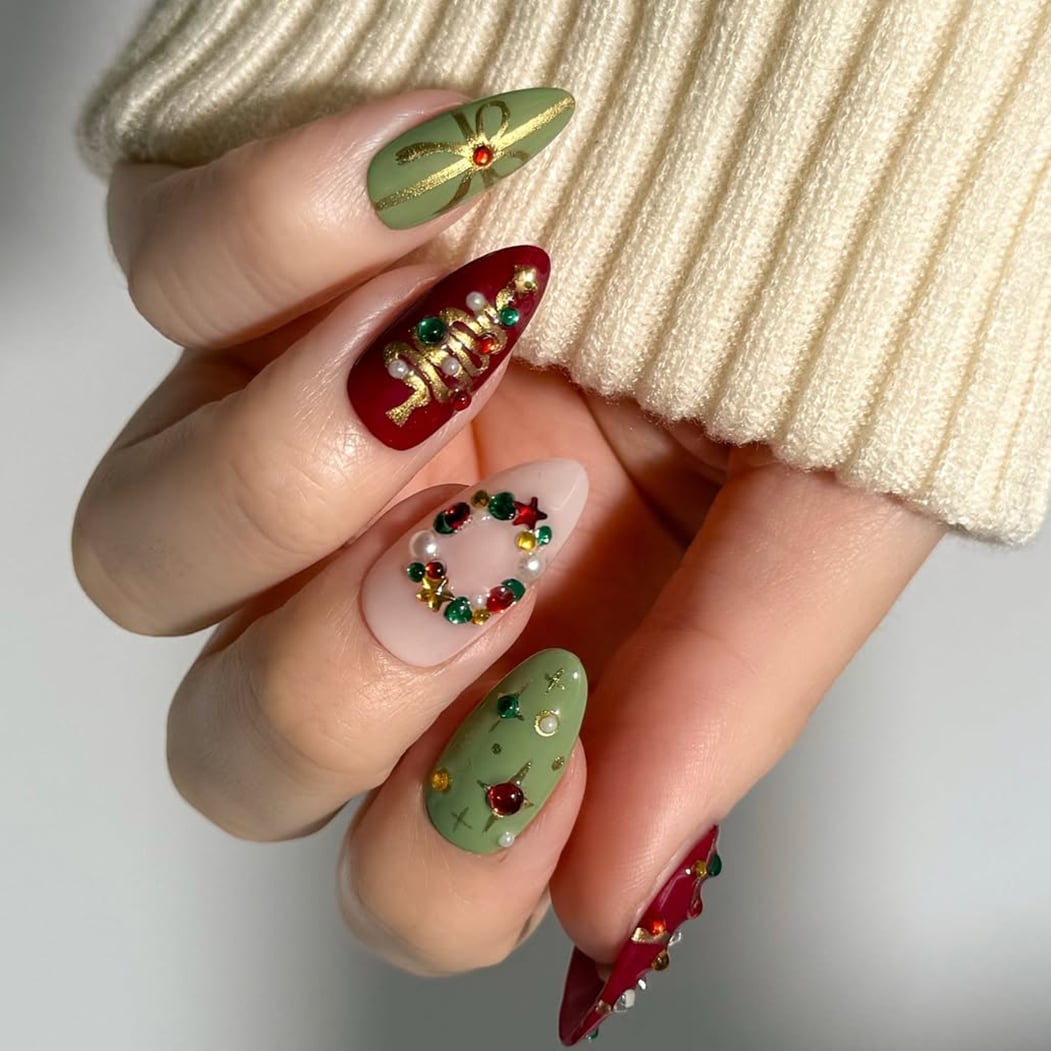 Long Almond 3D Christmas Tree Nails — Christmas Nail Designs