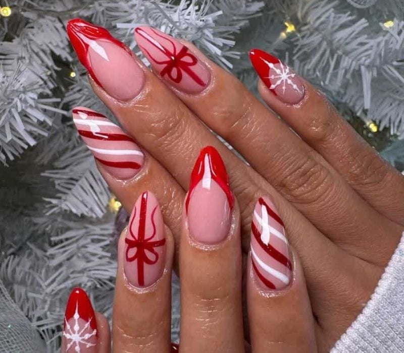 Nude Medium Almond Christmas Candy Nails — Christmas Nail Designs