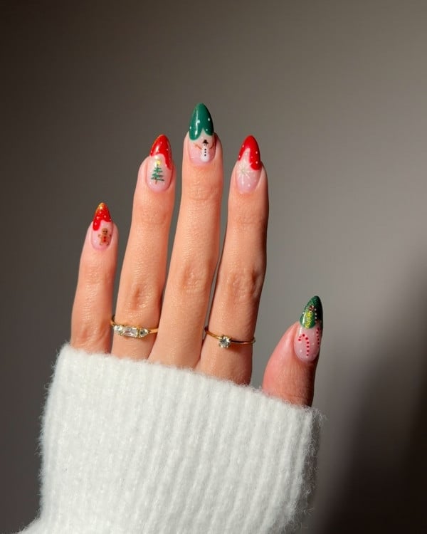 Medium Almond Festive Christmas Motifs — Christmas Nail Designs
