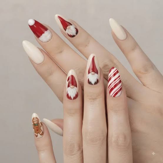 Beige Medium Almond Christmas Character Nails — Christmas Nail Designs