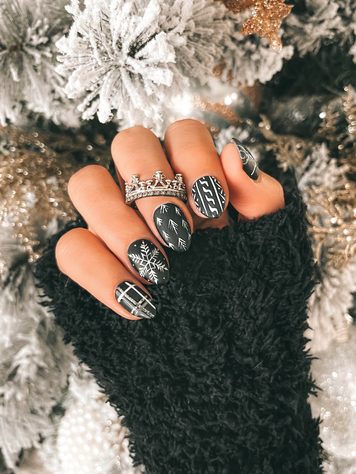 Medium Almond Monochromatic Winter Patterns — Christmas Nail Designs