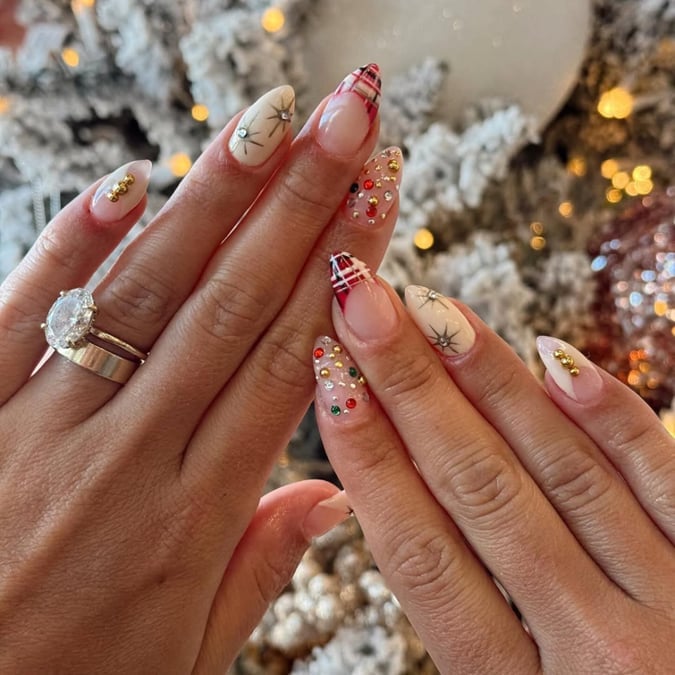 Medium Almond Festive Embellished Nails, Glossy — Christmas Nail Designs