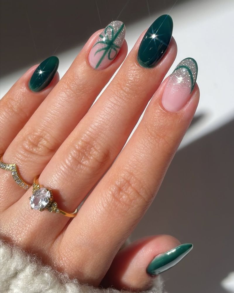 Medium Almond Dark Green Silver Glitter Nails — Christmas Nail Designs
