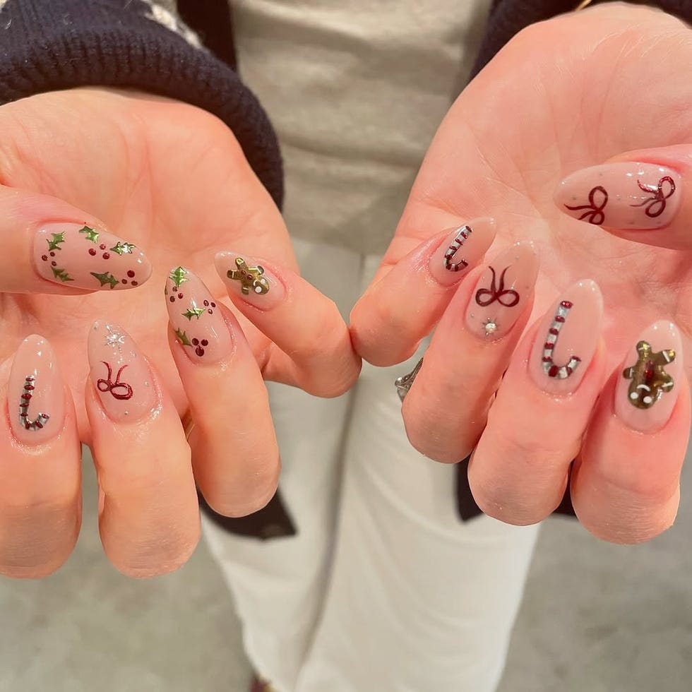 Medium Almond Clear Base Holiday Motifs — Christmas Nail Designs