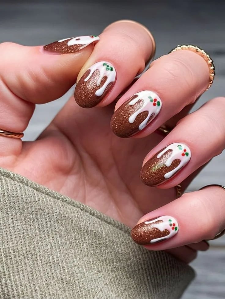 Medium Almond Chocolate Brown Icing Nails — Christmas Nail Designs