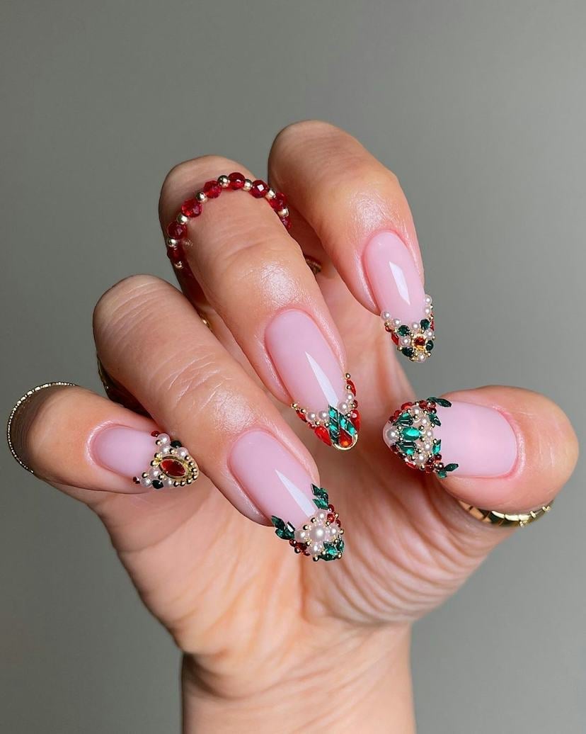 Long Almond Jeweled French Tip Nails — Christmas Nail Designs