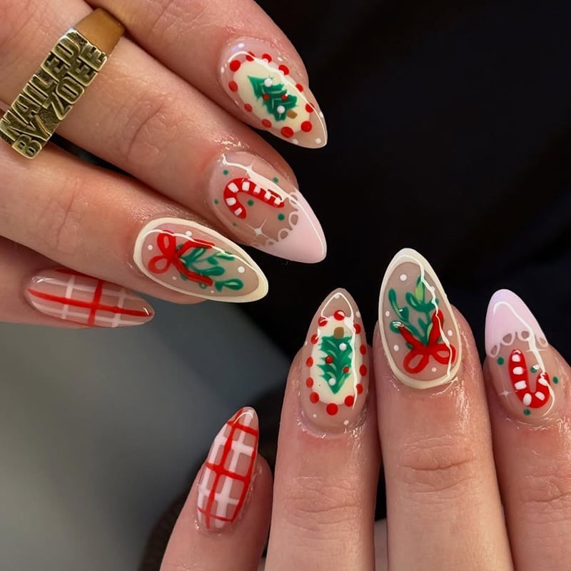 Medium Almond Detailed Christmas Motifs, Glossy — Christmas Nail Designs