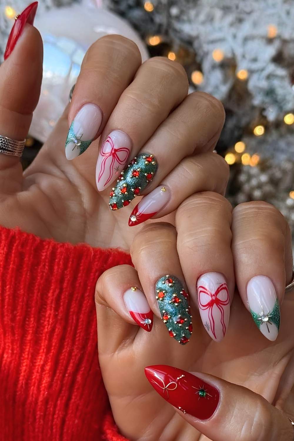 Long Almond Mixed Christmas Designs — Christmas Nail Designs