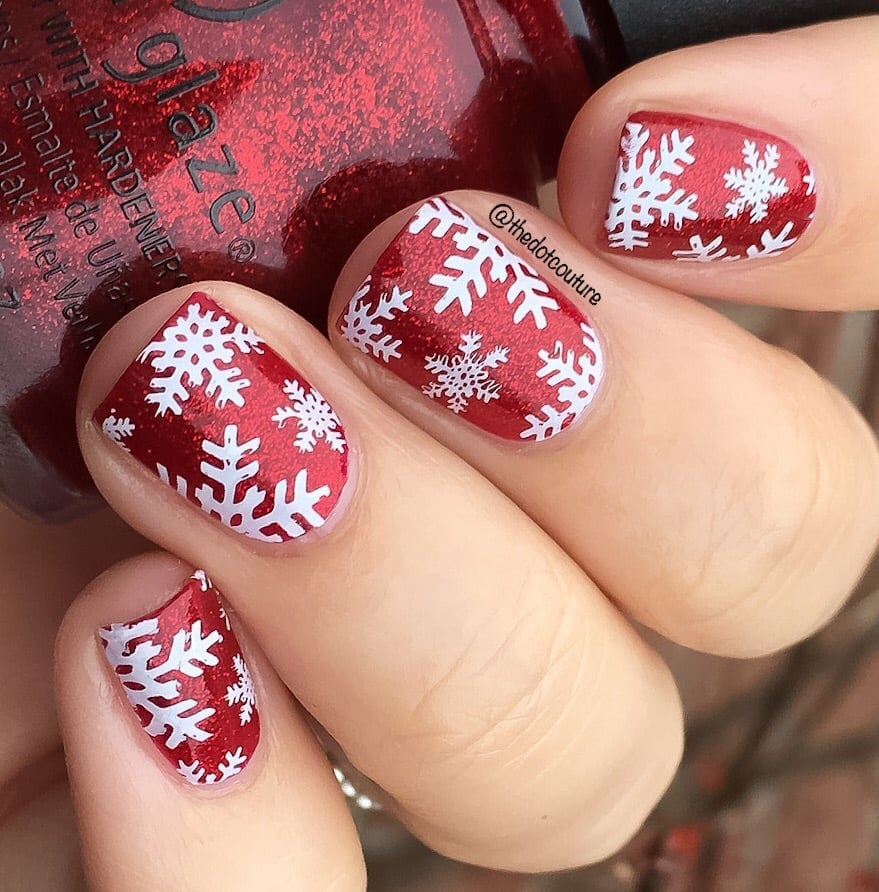 Short Oval Red Snowflake Decal Nails — Christmas Nail Designs