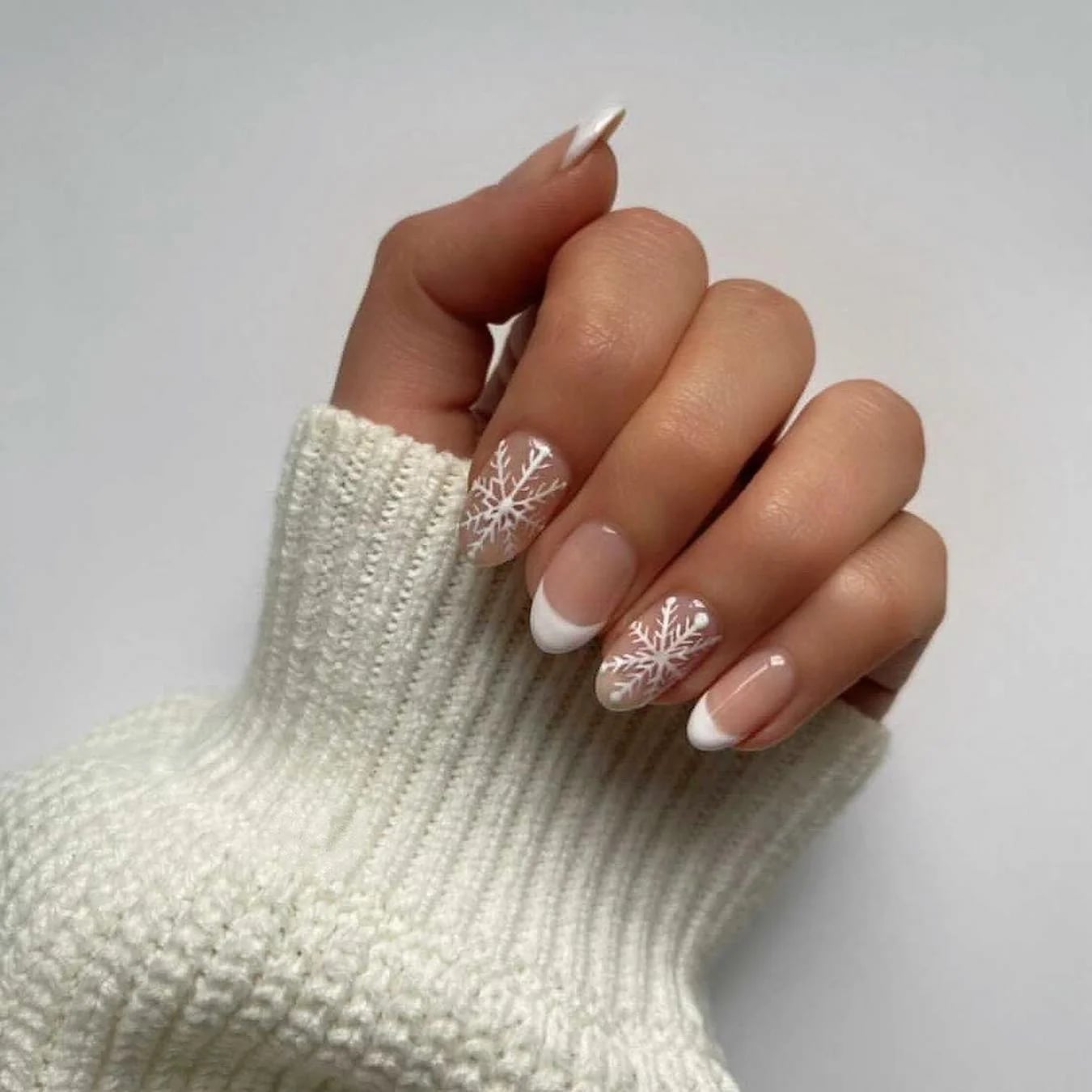 Sheer Base Medium Oval Snowflake French Nails — Christmas Nail Designs